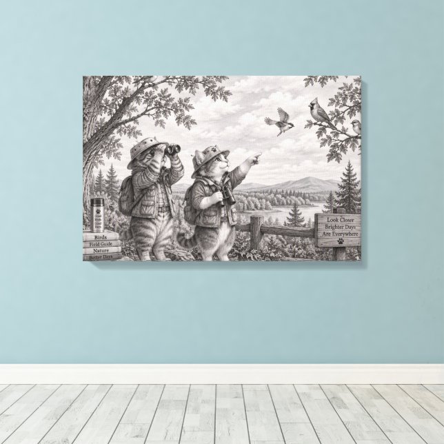 Katt Fågelskådare Pennteckning Canvas Väggkonst (Insitu (trägolv))