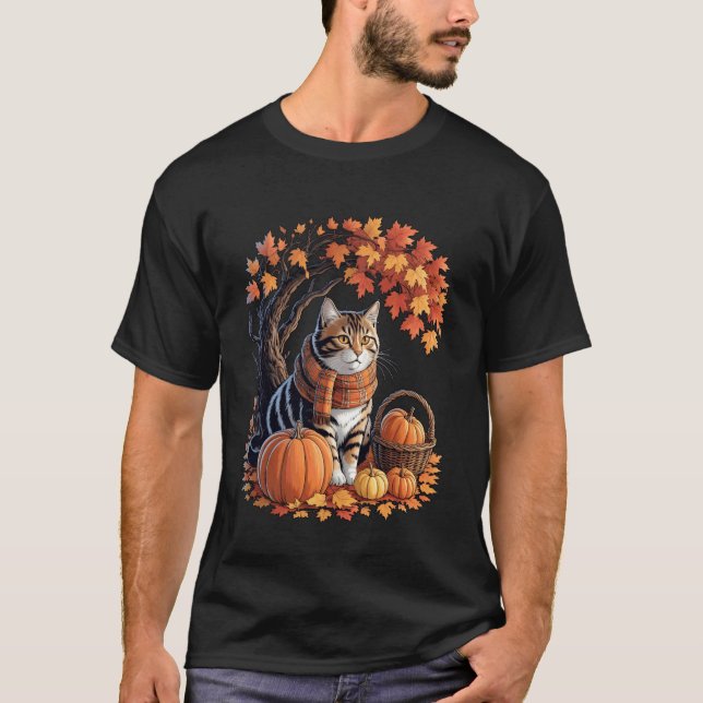 Katt Fall Höstscarf Pumpa Höst Kattälskare Tack T Shirt (Framsida)