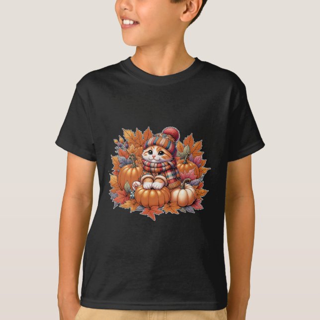 Katt-fall-löv-hej-höst-kattkattunge-älskare-än T Shirt (Framsida)