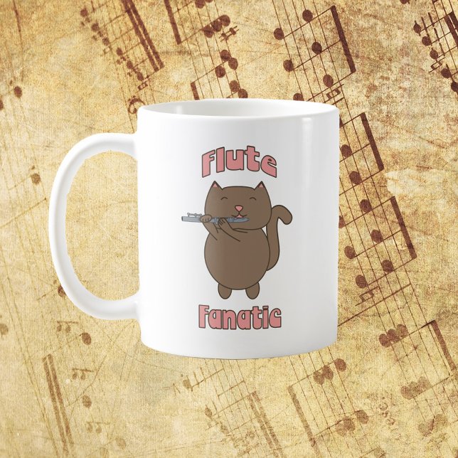 Katt Fanatic Rosa Brown Cat Kaffemugg (A mug with the words Flute Fanatic and a brown cat playing the flute!)