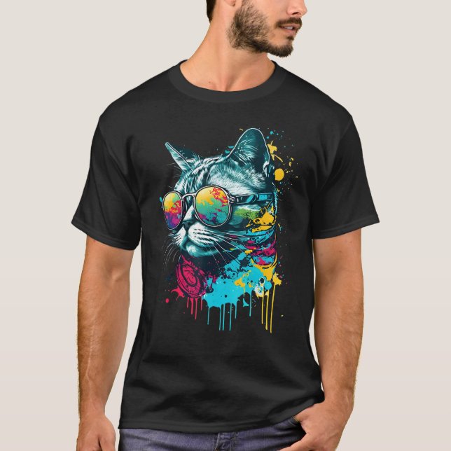 Katt Färgrik grafisk Katt T Shirt (Framsida)