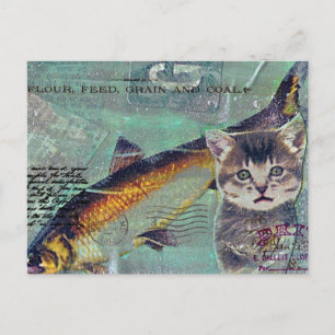 Katt Fisk Kollage Med Blandad Teknik Vykort