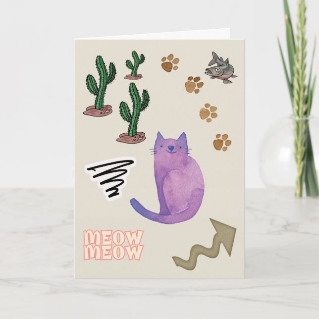 Katt fiskekaktus Tassar Meow Greeting Card Helgkort (Framsida)