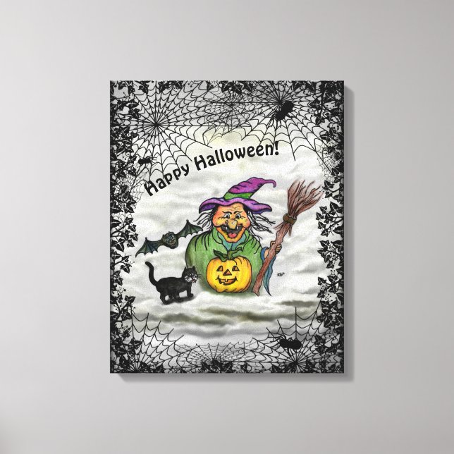 Katt, Fladdermus och Pumpkin, Happy halloween! Canvastryck (Framsida)