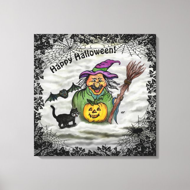 Katt, Fladdermus och Pumpkin, Happy halloween! Canvastryck (Framsida)
