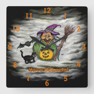 Katt, Fladdermus och Pumpkin, Happy halloween! Fyrkantig Klocka