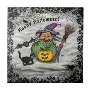 Katt, Fladdermus och Pumpkin, Happy halloween! Kakelplatta