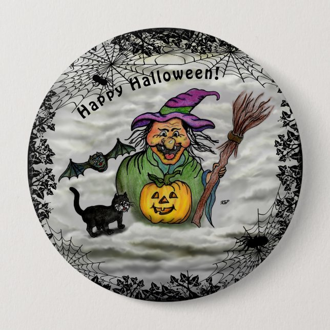 Katt, Fladdermus och Pumpkin, Happy halloween! Knapp (Framsida)