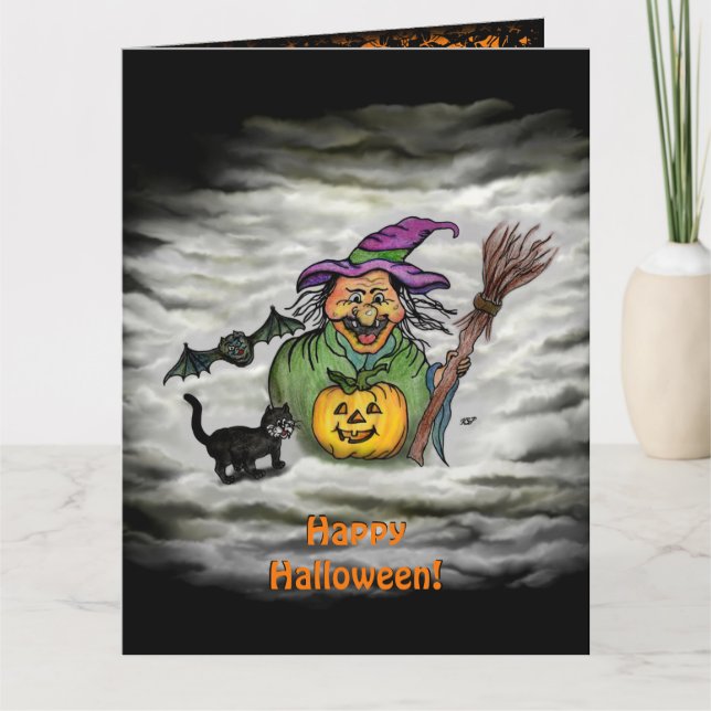Katt, Fladdermus och Pumpkin, Happy halloween! Kort (Framsida)