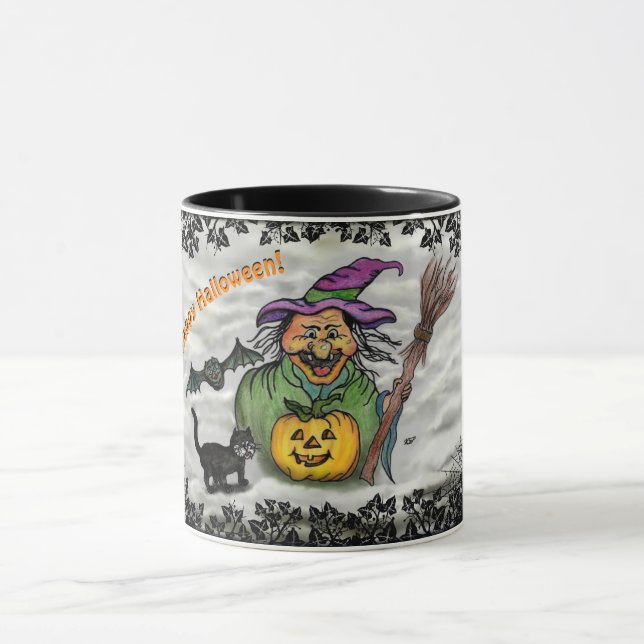 Katt, Fladdermus och Pumpkin, Happy halloween! Mugg (Center)