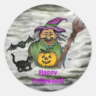 Katt, Fladdermus och Pumpkin, Happy halloween! Runt Klistermärke