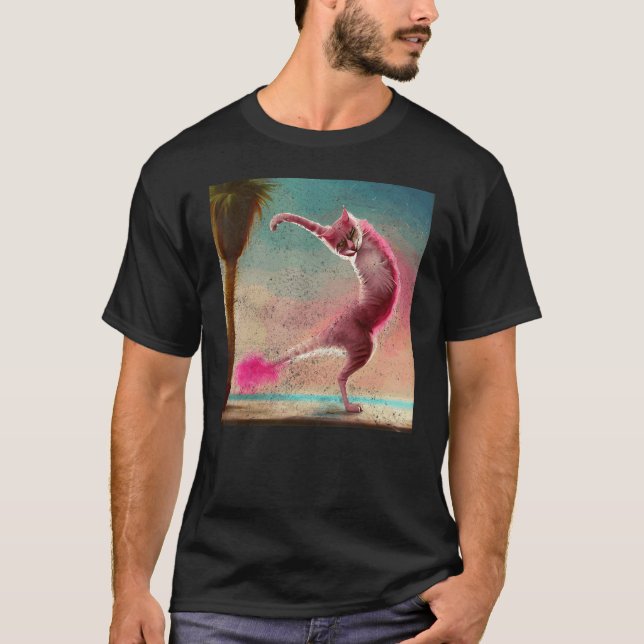 Katt Flamingo Dabbing Dans T Shirt (Framsida)