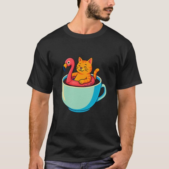 Katt Flamingo Flotte Kaffe Kopp Rolig Avslappnad K T Shirt (Framsida)