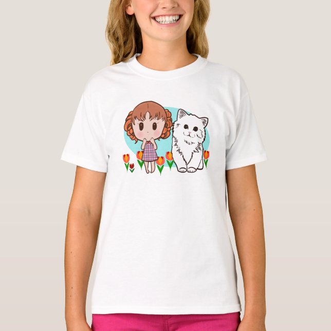 Katt, flicka och tulpaner t shirt (Framsida)