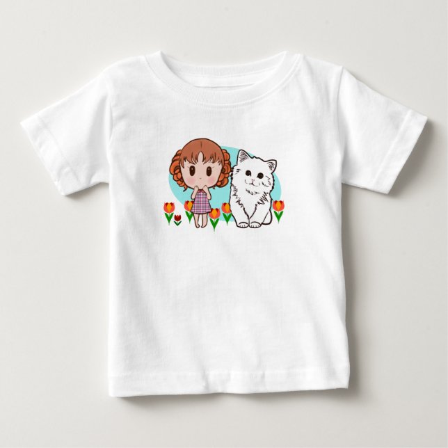 Katt, flicka och tulpaner t shirt (Framsida)