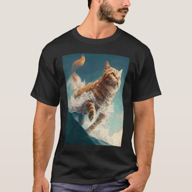 Katt Flugit Vågor T Shirt (Framsida)