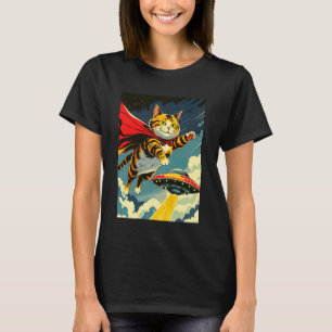 Katt flygande med UFO Nyhets T-shirt, söt katt med T Shirt