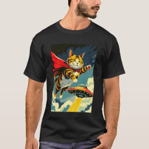 Katt flygande med UFO Nyhets T-shirt, söt katt med T Shirt