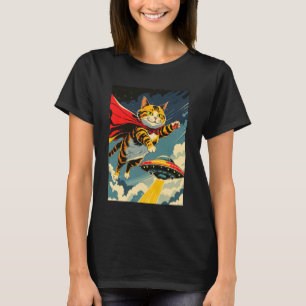 Katt flygande med UFO Nyhetstee, söt katt med kapp T Shirt