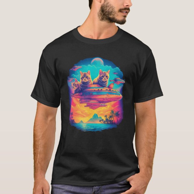 Katt flygande UFO rymdskepp grafik T Shirt (Framsida)
