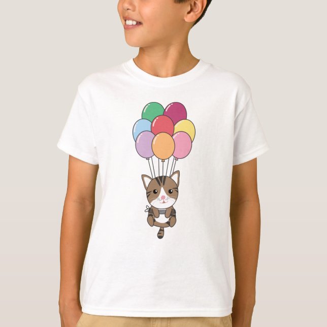 Katt flyter upp med färgstarka ballonger t shirt (Framsida)