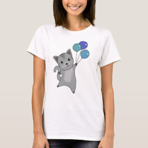 Katt flyter upp med färgstarka ballonger t shirt