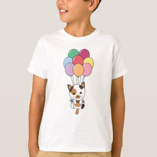 Katt flyter upp med färgstarka ballonger t shirt