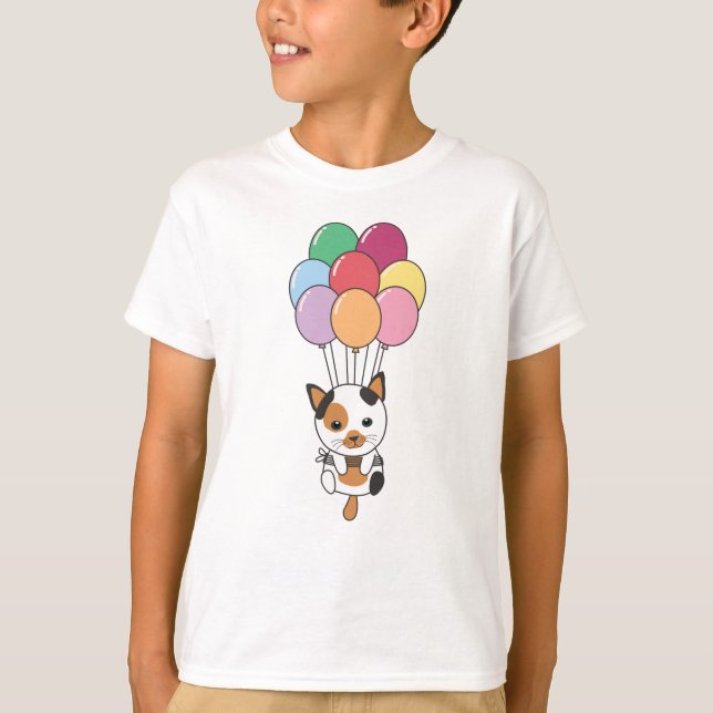 Katt flyter upp med färgstarka ballonger t shirt (Framsida)