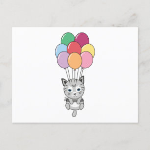 Katt flyter upp med färgstarka ballonger vykort