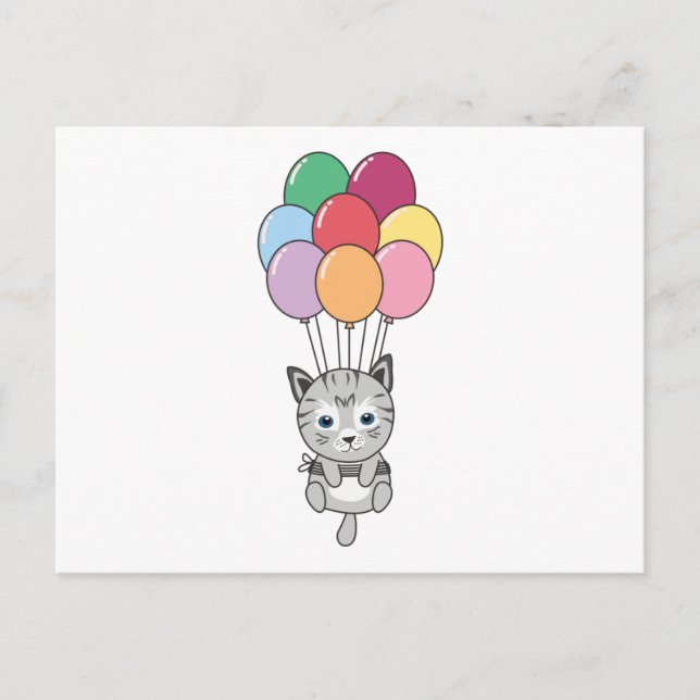 Katt flyter upp med färgstarka ballonger vykort (Framsida)