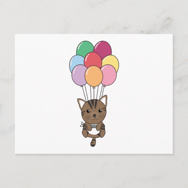 Katt flyter upp med färgstarka ballonger vykort (Framsida)