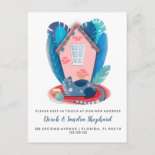 Katt flyttar hus djurt tema meddelande vykort (Framsida)