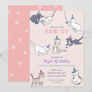 Katt födelsedag med Party-katter   ROSA Inbjudningar