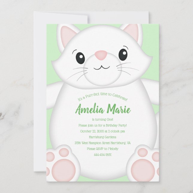 Katt Födelsedagsfest Kitty Grön Inbjudningar (Framsida)