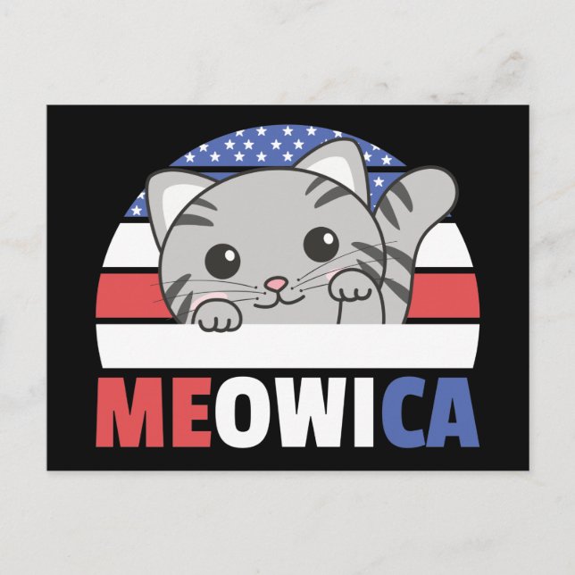 Katt För Fjärde Juli USA Flagga Meowica Postca Vykort (Framsida)