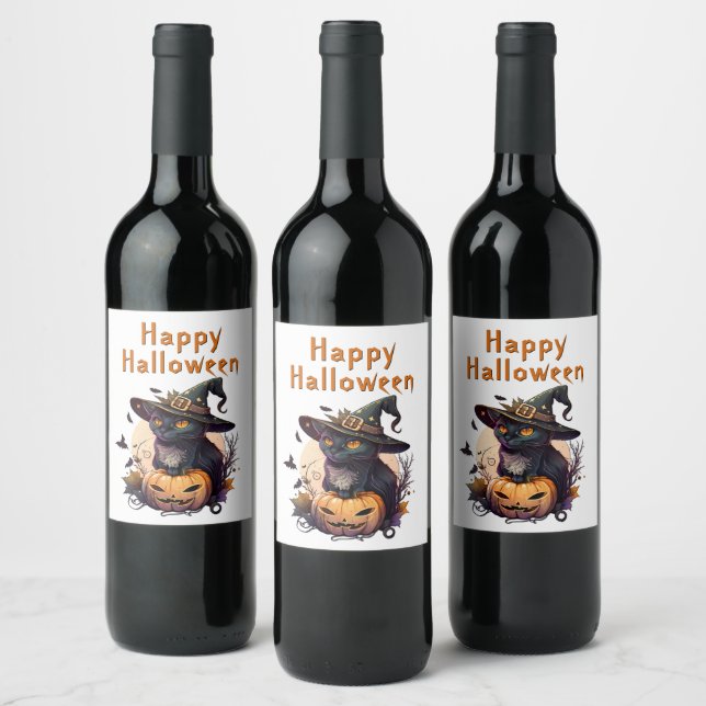 Katt för Happy halloween Vinflaska Etikett (Flaskor)