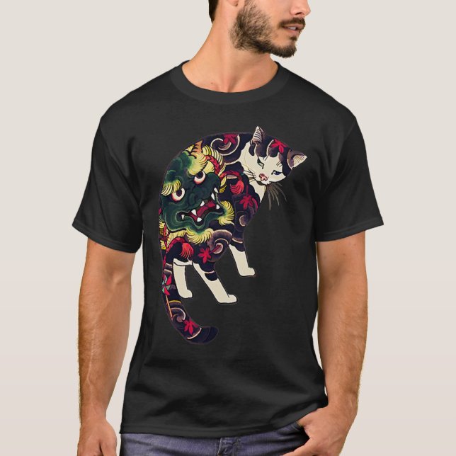 Katt för japansk träblock Skriv ut med blomning T T Shirt (Framsida)