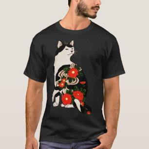 Katt för japansk träblocksutskrift med blomma T Shirt