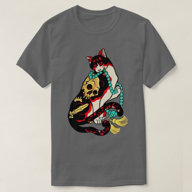 Katt för japansk träblocksutskrift med blomma t shirt (Design framsida)