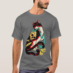 Katt för japansk träblocksutskrift med blomma t shirt