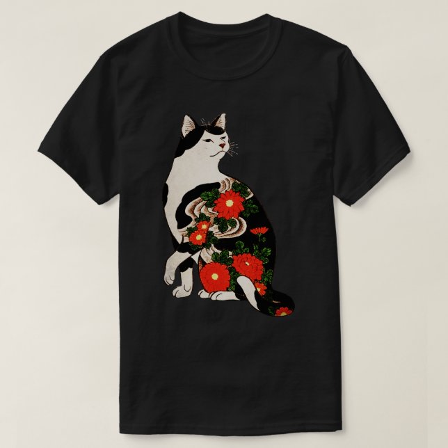 Katt för japansk träblocksutskrift med blomma T T Shirt (Design framsida)