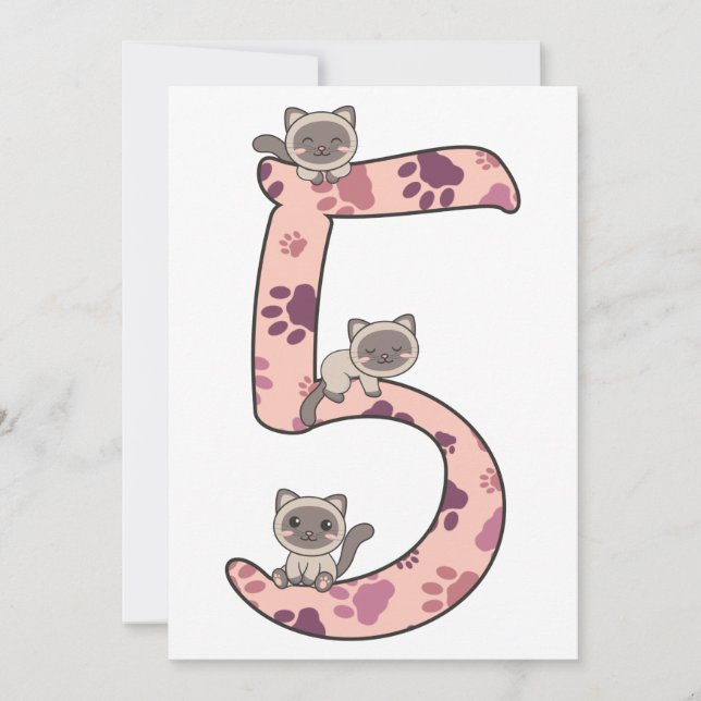 Katt för siamesisk katt femte födelsedagarinbjudan inbjudningar (Framsida)