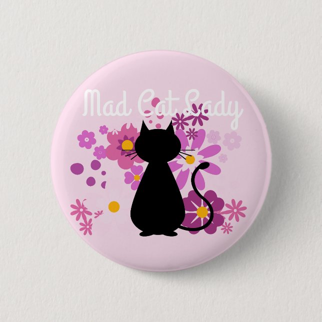 Katt "för tokig kattdam" i rosa blommaemblem knapp (Framsida)