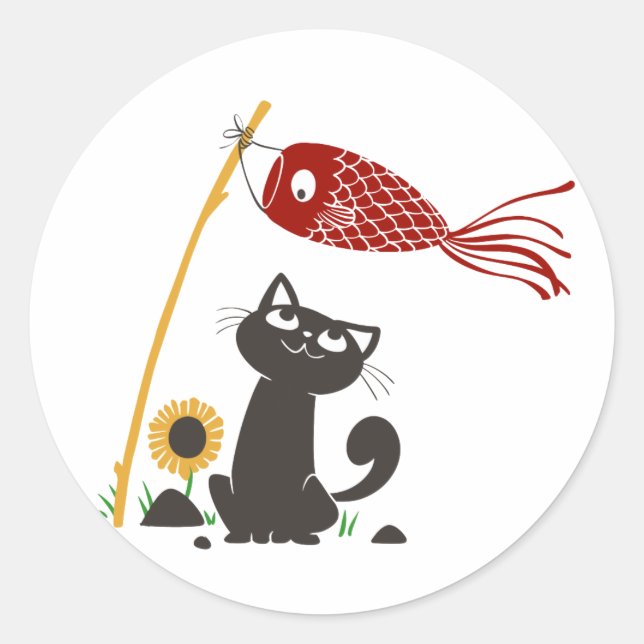 Katt från Carp Stréer lycklig - Välj bakgrund färg Runt Klistermärke (Framsida)