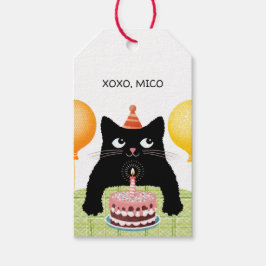 Katt från grattis på födelsedagen party med kakor presentetikett