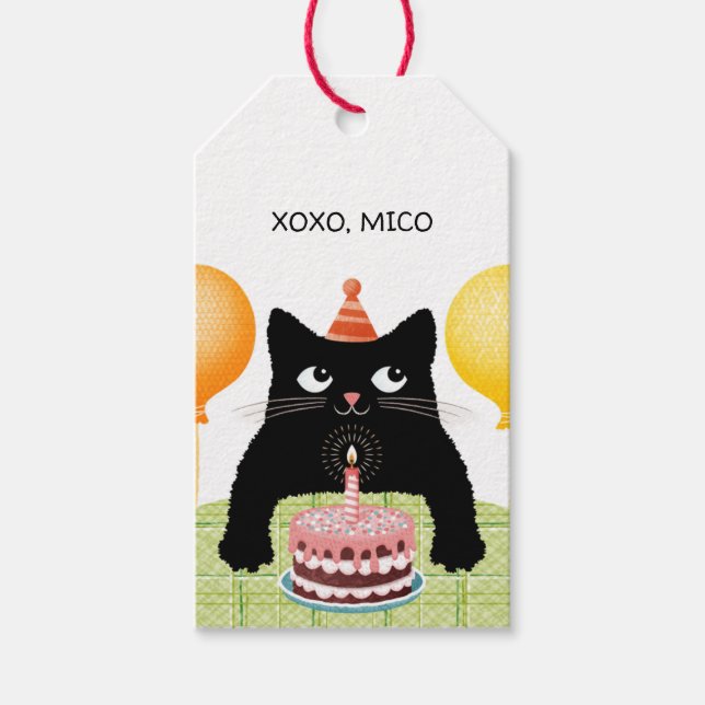 Katt från grattis på födelsedagen party med kakor  presentetikett (Framsidan)
