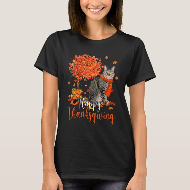 Katt från happy thanksgiving, höst och Träd T Shirt (Framsida)