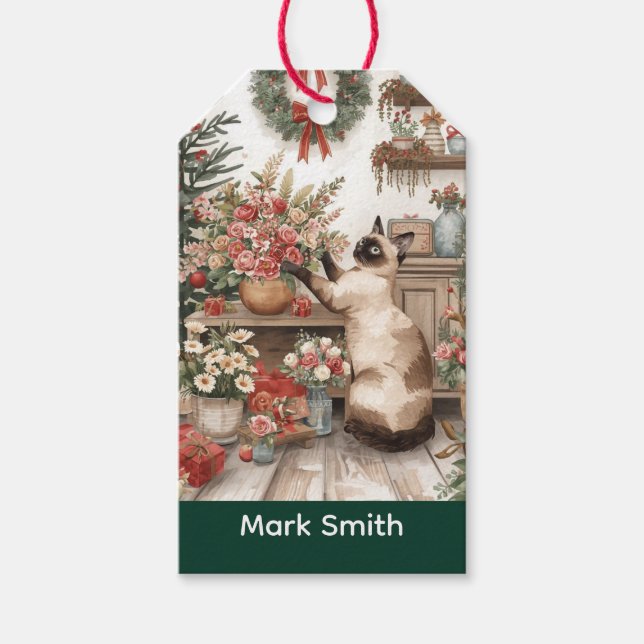 Katt från Katt jul Siamese som arrangerar blommor Presentetikett (Framsidan)