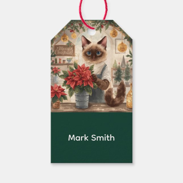 Katt från Katt jul Siamese som arrangerar blommor Presentetikett (Framsidan)