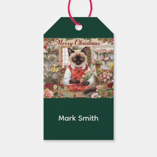 Katt från Katt jul Siamese som arrangerar blommor Presentetikett (Framsidan)